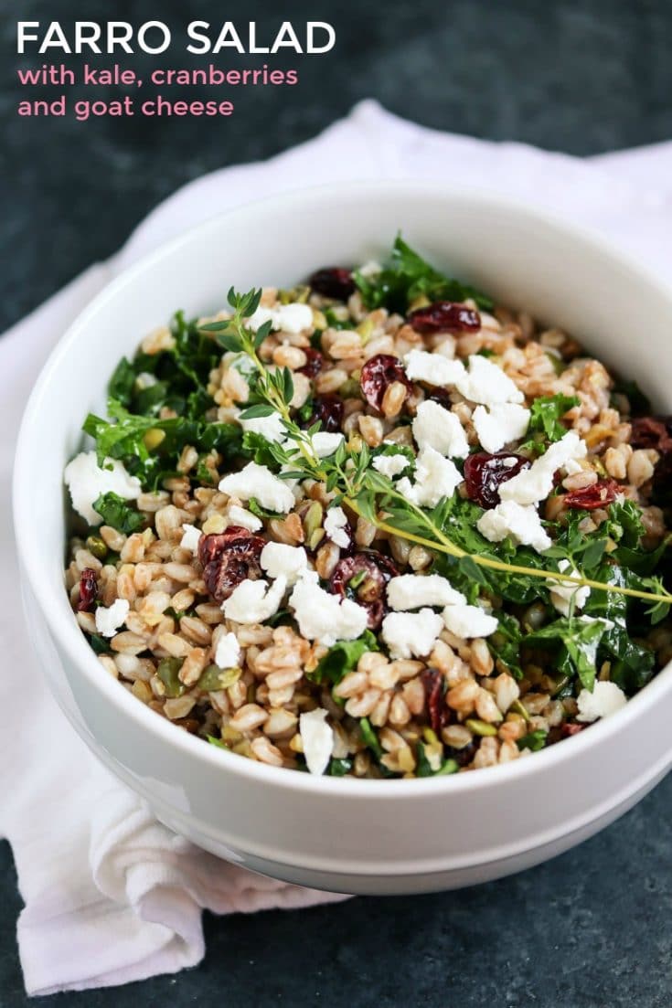 Healthy Farro Salad with Kale, Cranberries and Goat Cheese This Gal Cooks