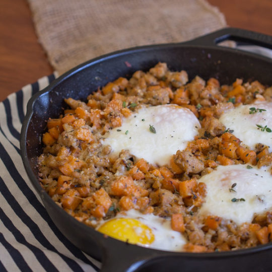 Chicken Sausage and Sweet Potato Hash with Baked Eggs - This Gal Cooks